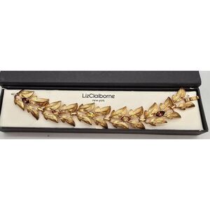 VTG Liz Claiborne Gold Tone Leaf Link Bracelet With Colored Stones
